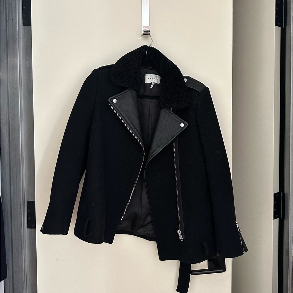 Sandro leather sheep shearling wool motorcycle jacket size 38 FR / small